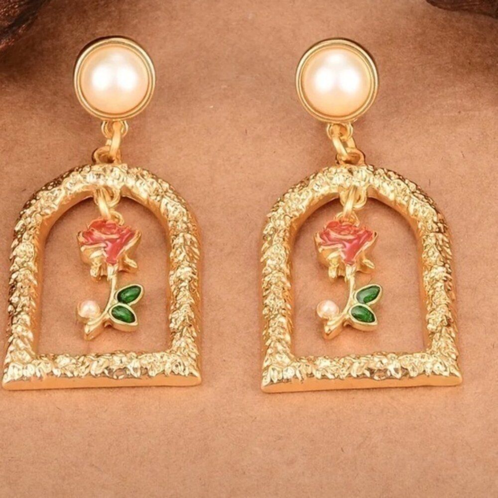 Beauty And The Beast Gold Plated Vintage Inspired Garden Rose Pearl  Earrings